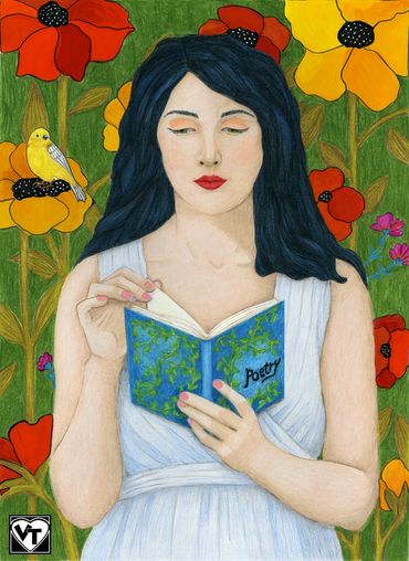 art print of woman in blue dress reading a book titled "Poetry" in a garden, colored pencil, whimsic