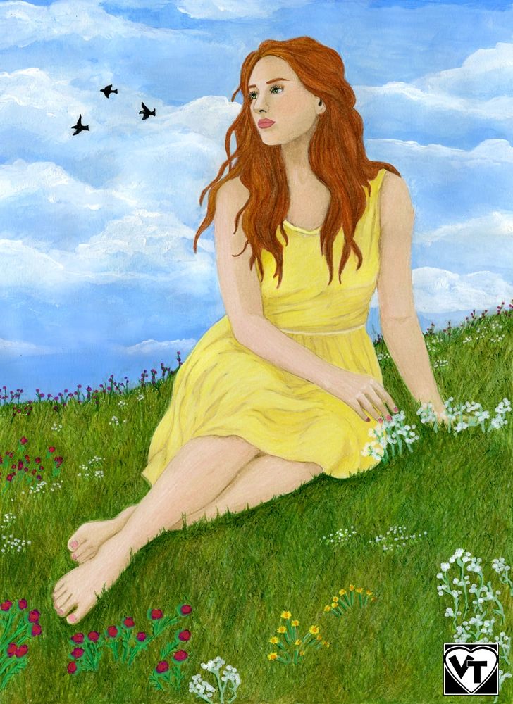 Woman sits on hill and dreams about the clouds. Colored pencil art by Victoria Twomey.