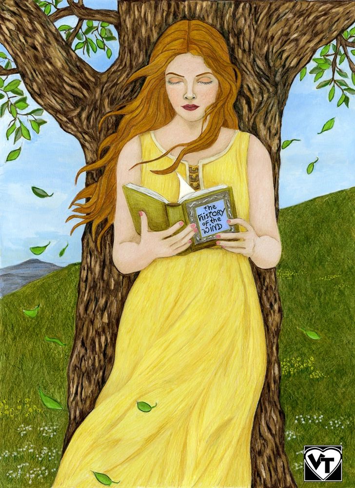 Woman in yellow dress reading under a tree with wind blowing leaves.