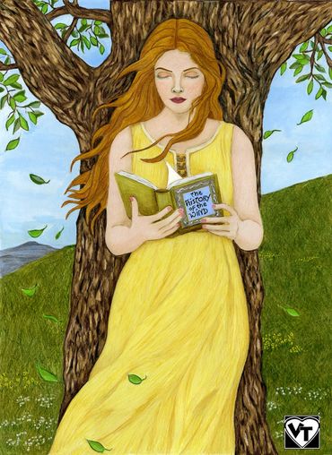 Auburn-haired woman in yellow dress holding a book, standing by a tree, colored pencil art print