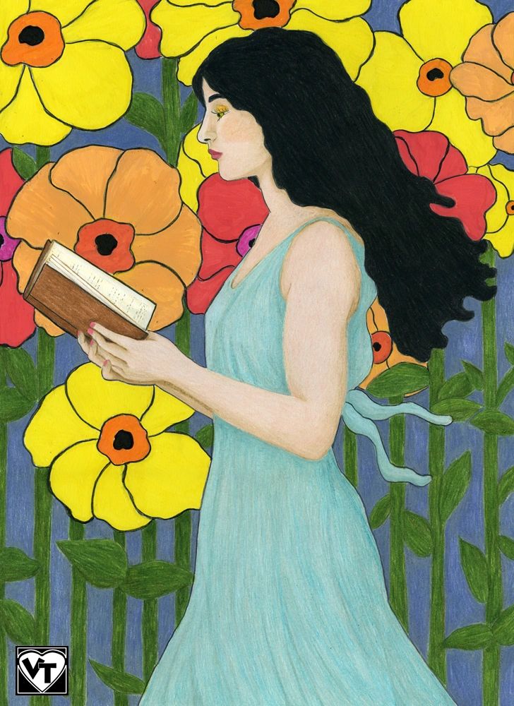 Woman walks through a colorful stylized garden reading a book.  Original art by Victoria Twomey.