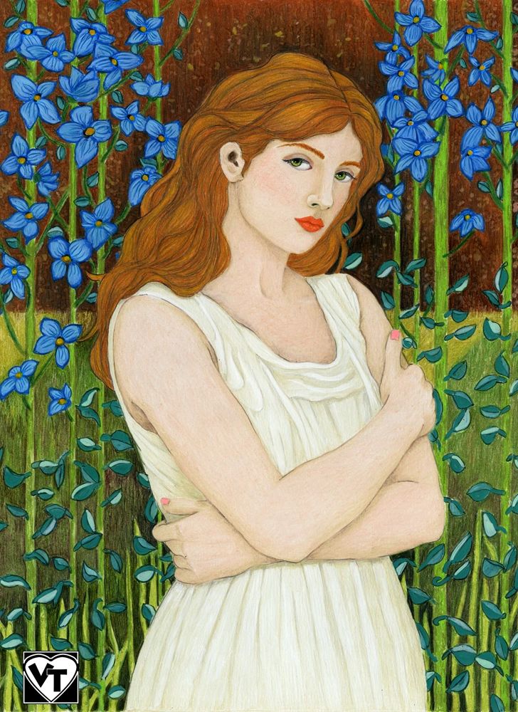 "The Skeptic — colored pencil drawing by Victoria Twomey of a redhead woman with arms crossed, stand