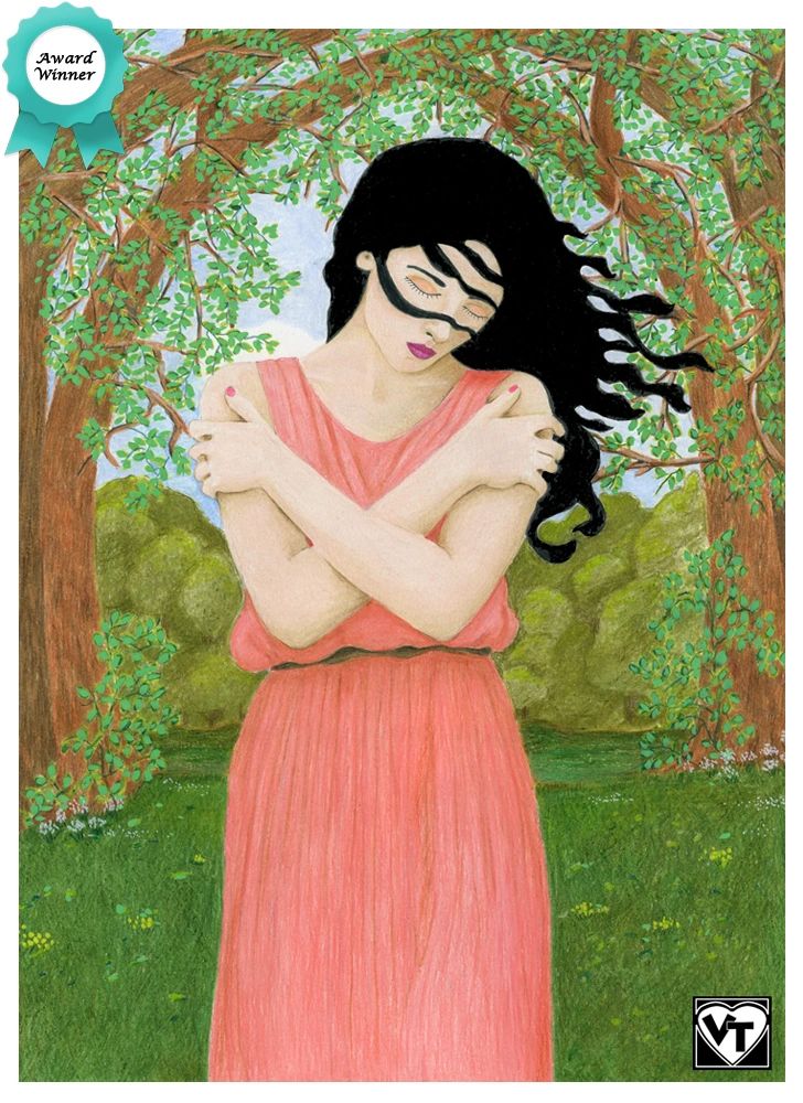 Woman in pink dress with arms crossed in a lush green setting.
