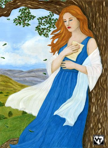 Art print of a woman with long auburn hair in a flowing blue dress and white shawl, leaning against 