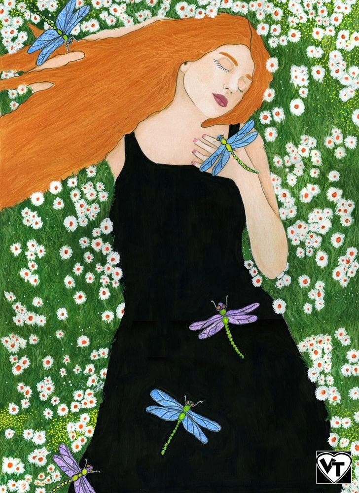 A woman with red hair lies peacefully among flowers with dragonflies around her.