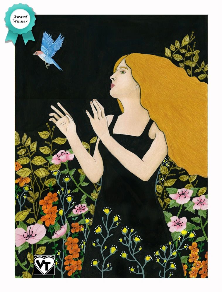 Illustration of a woman with flowing hair reaching towards a blue bird among colorful flowers.