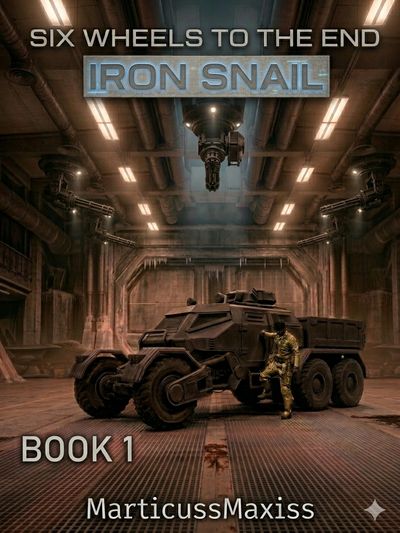 Futuristic six-wheeled armored vehicle in industrial setting with soldier, titled 'Iron Snail'.