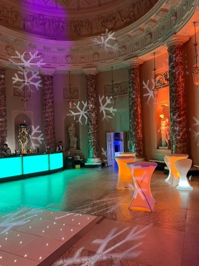 Ornate architectural frieze illuminated with purple lighting and shadow patterns.