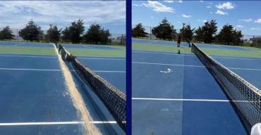 Side-by-side images of a tennis court showing before and after maintenance.