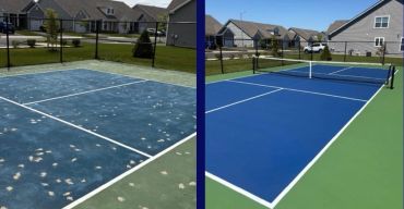 Side-by-side comparison of a worn and a renovated tennis court.
