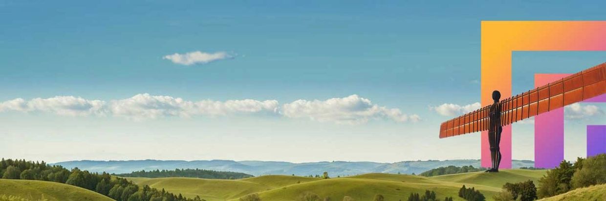 Sculpture on green hills with blue sky and clouds.