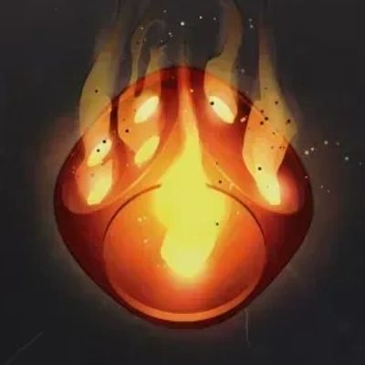 A fiery, glowing orb with flames rising against a dark background.