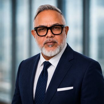 Confident middle-aged man in a navy suit and glasses.