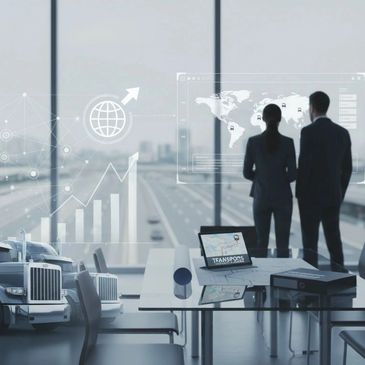 Two professionals analyze global transport data in a modern office with trucks and digital graphs.