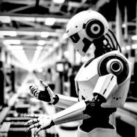A robot examining its hands in a futuristic setting.