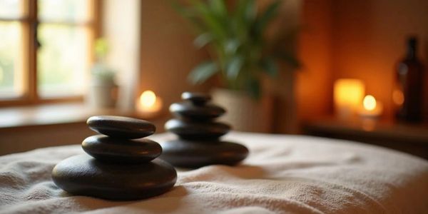 Stacked black massage stones on a soft surface with warm ambient lighting.