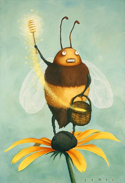 Cartoon bee holding a honey dipper and basket on a flower.