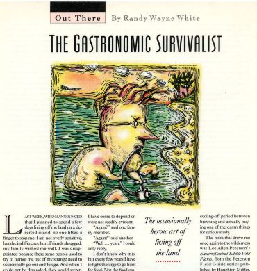 Illustrated article titled 'The Gastronomic Survivalist' by Randy Wayne White.