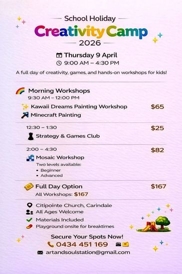 You can book individual workshops or join the full day camp.
The venue has an onsite playground.
