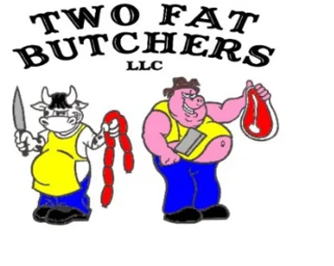 Cartoon logo of two butcher animals holding meat and tools.