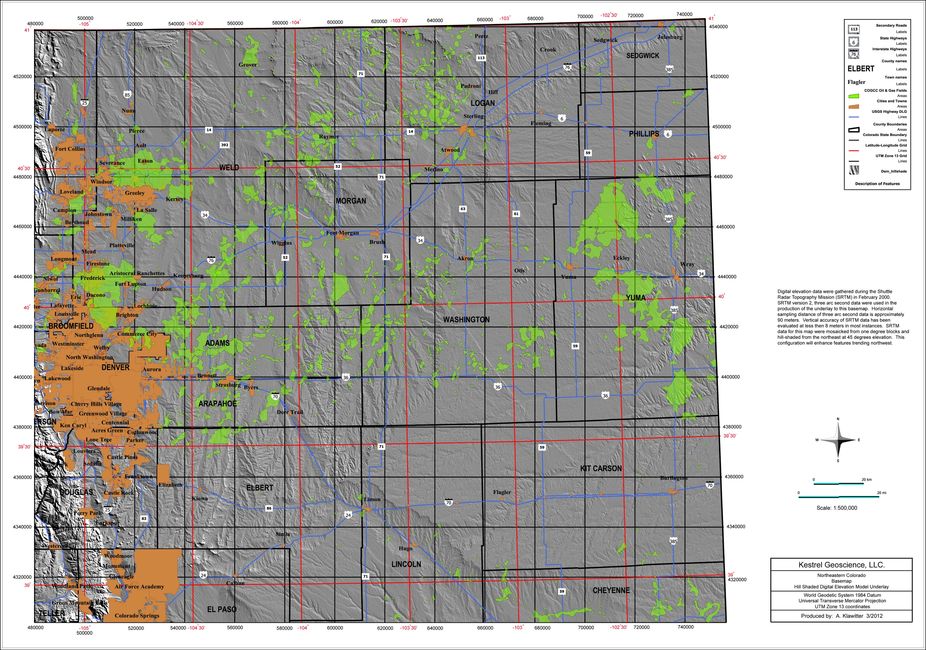 DEM image with green oil fields, TWP and RGE and major highways