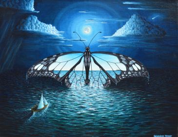 A giant butterfly with transparent wings floats over a moonlit ocean near a small sailboat.