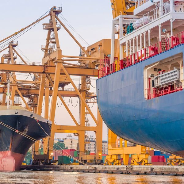 Large cargo ships docked at a busy port with towering yellow cranes.