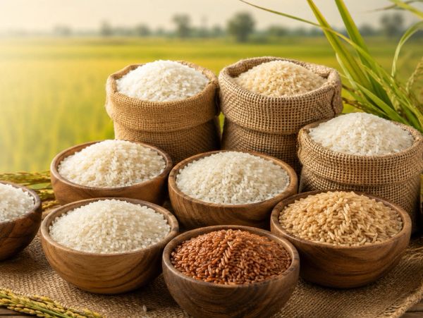 Various types of rice displayed in wooden bowls and sacks.