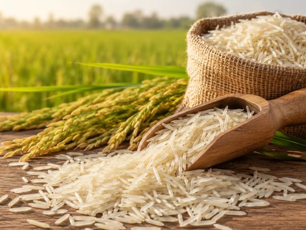 Raw white rice grains with wooden scoop and sack.