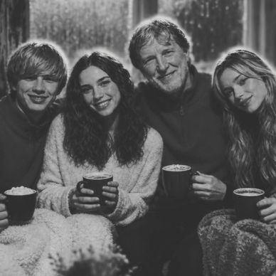 Family enjoying hot drinks together.