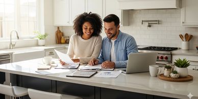 Happy young couple reviewing financial documents get pre-approved for a higher mortgage loan amount