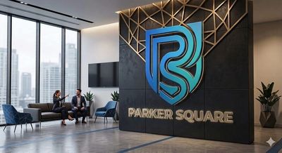 Modern office lobby with Parker Square logo and city view.
