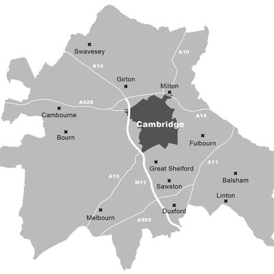 Map of Cambridge & surrounding areas: Ely, Huntingdon, St Neots, March, Newmarket, and Peterborough.