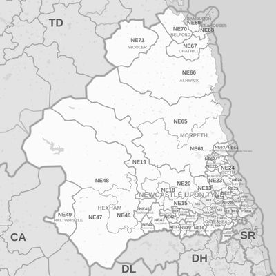 Map of Newcastle and surrounding area: Gateshead, Sunderland, Durham, North Shields & South Shields.