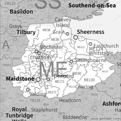 Map of Maidstone & Kent towns: Tonbridge, Sevenoaks, Ashford, Tunbridge Wells, and Sittingbourne.