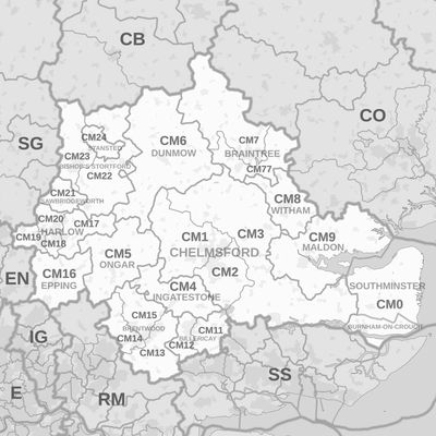 Map showing Chelmsford and Essex: Braintree, Witham, Brentwood, Maldon, and Basildon.