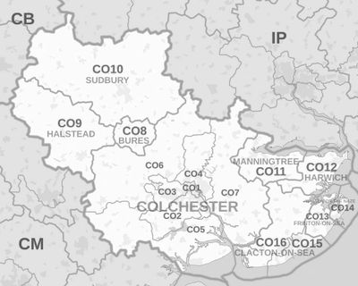 Map of Colchester & surrounding area: Clacton, Harwich, Manningtree, Braintree, Sudbury & Ipswich.