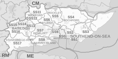 Map of Southend-on-Sea & nearby town: Leigh-on-Sea, Rochford, Rayleigh, Basildon & Canvey Island