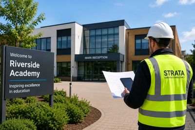 Professional asbestos surveyor carrying out a school asbestos survey using digital plans.