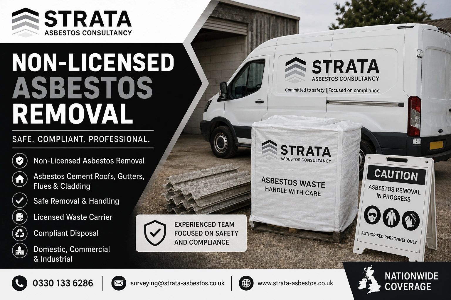 Strata Asbestos Consultancy non-licensed asbestos removal service showing branded van, asbestos ceme