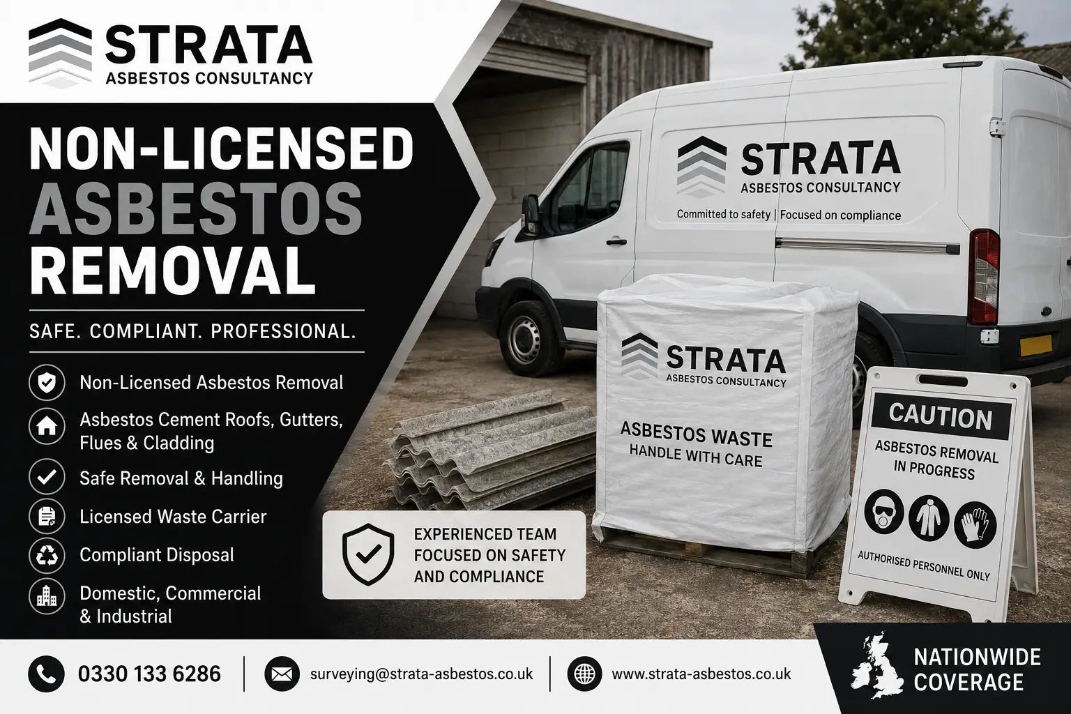 Strata branded vehicle behind a stack of asbestos cement roof sheets and asbestos waste bag.
