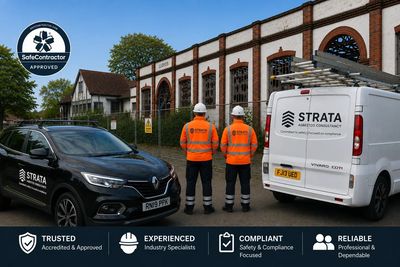Strata Asbestos Consultancy surveyors on site with branded vehicles delivering asbestos surveys.