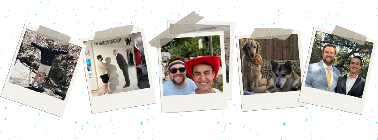 Collage of joyful moments including friends, dogs, and outdoor adventures captured in Polaroid-style photos.