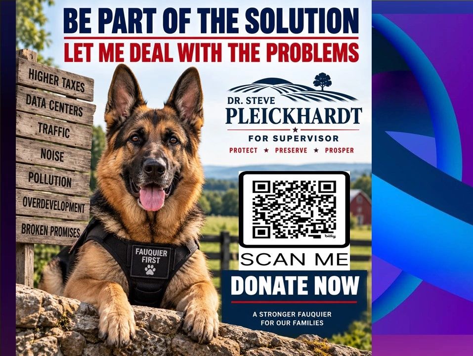 Campaign poster with a German Shepherd and QR code for donations.