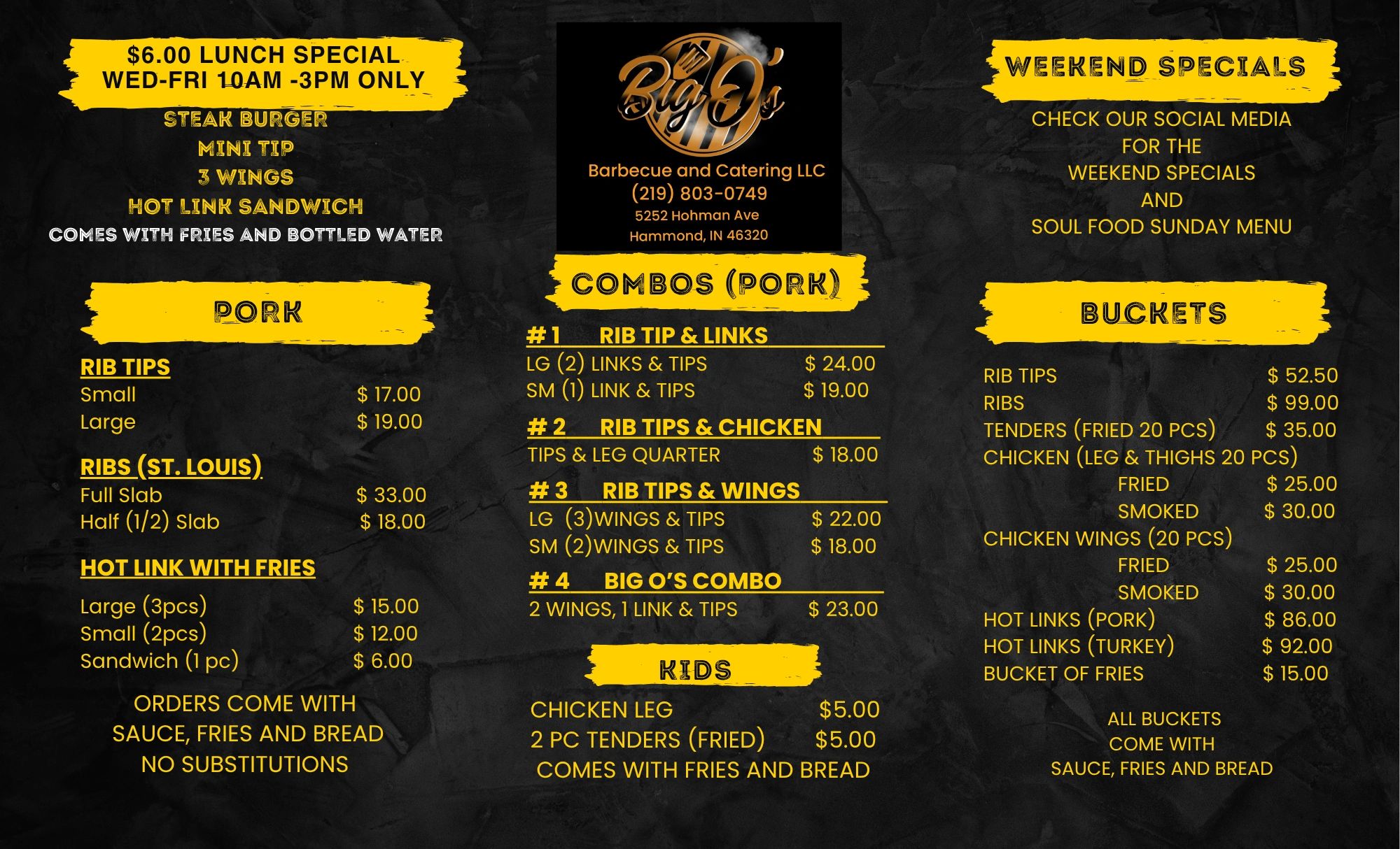 Big O's Barbecue menu showcasing pork combos, buckets, lunch specials, and kids' meals with prices.