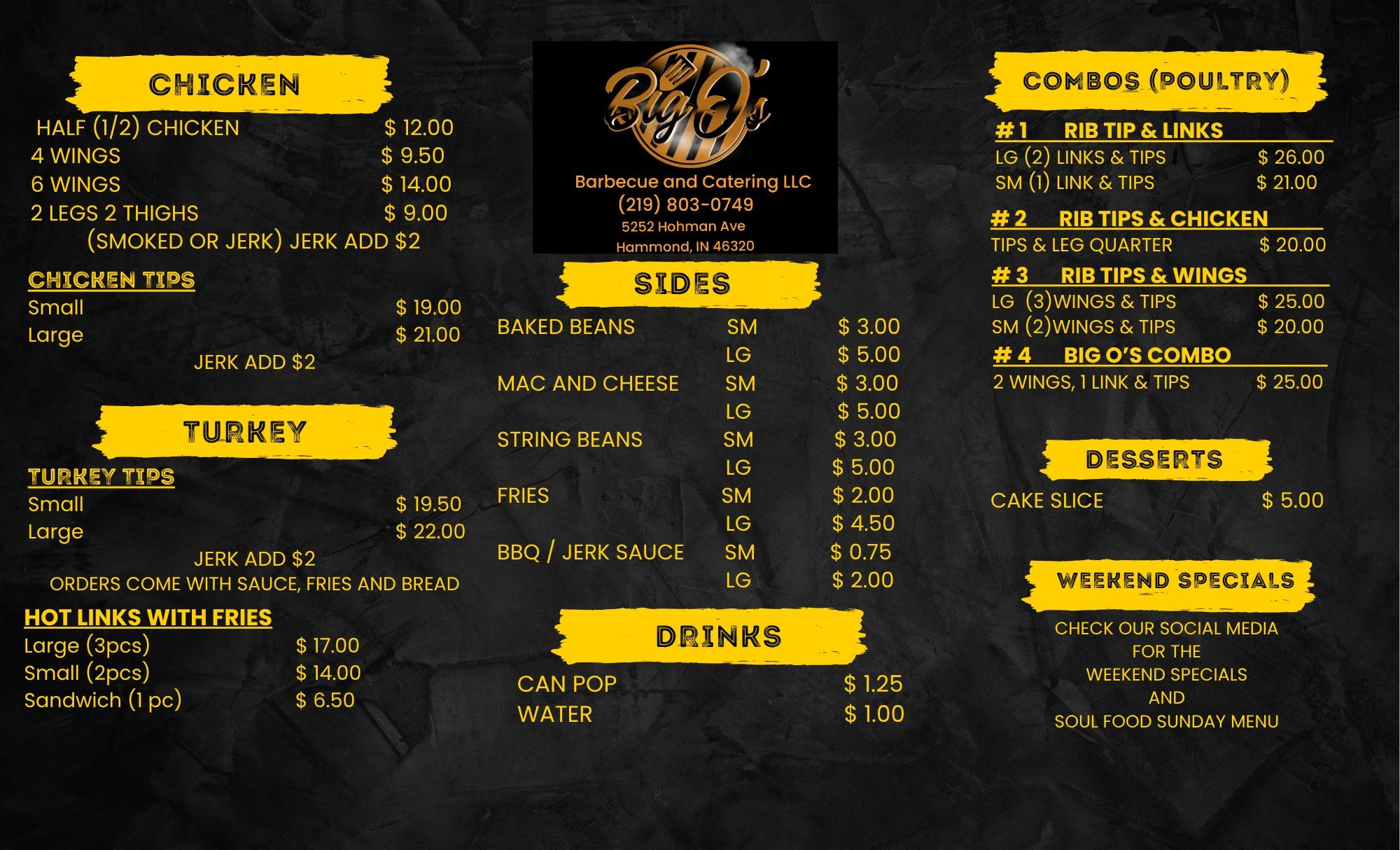 Big O's Barbecue menu featuring chicken, turkey, sides, combos, desserts, and drinks with prices.