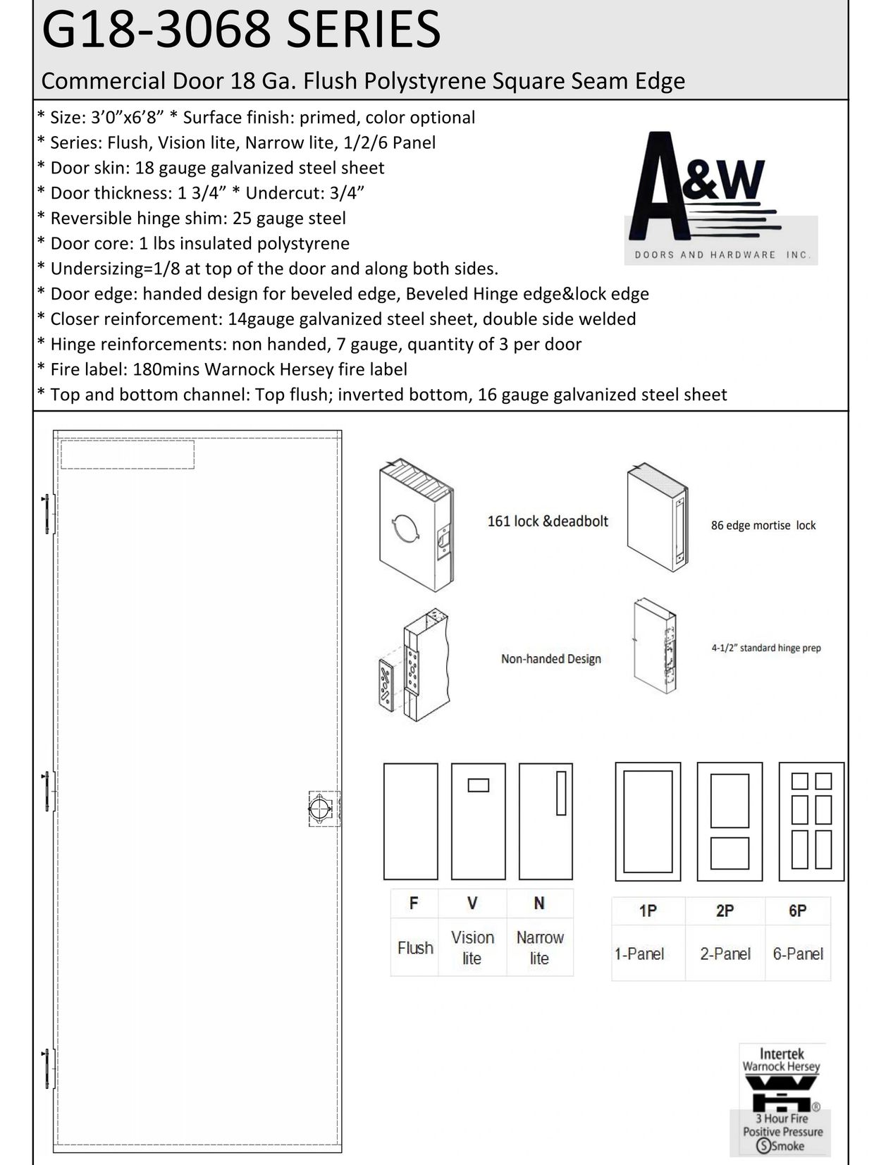 Commercial G18-3068 steel door with polystyrene core and beveled edge design.