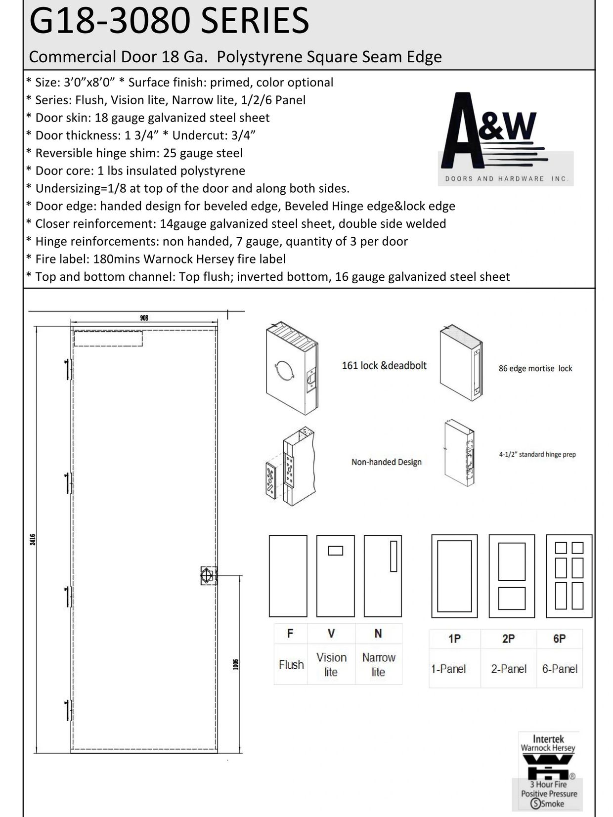 Technical specifications and design options for G18-3080 commercial door series.