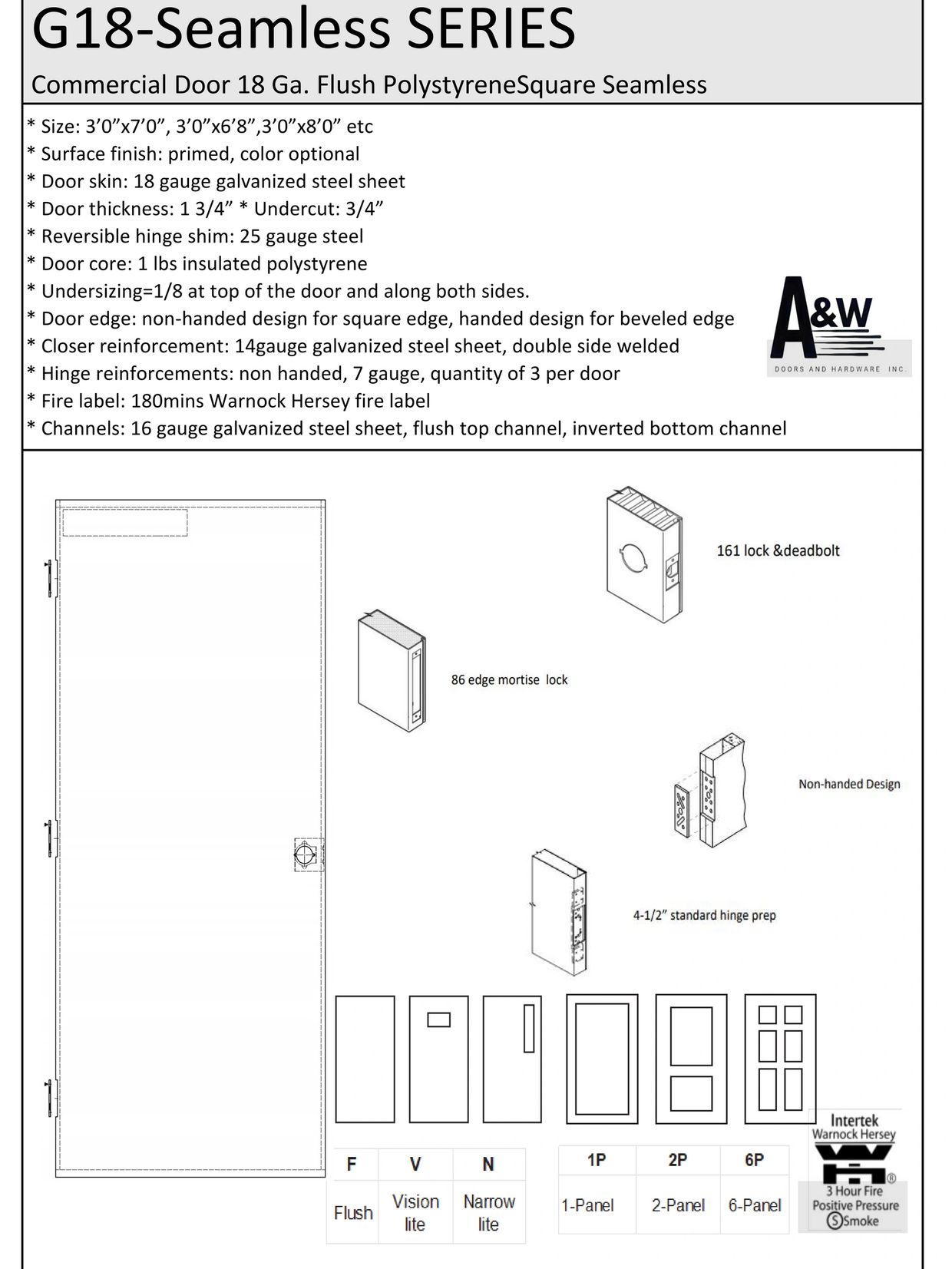 Technical specifications and design options for G18 seamless commercial doors with various panel and lock configurations.