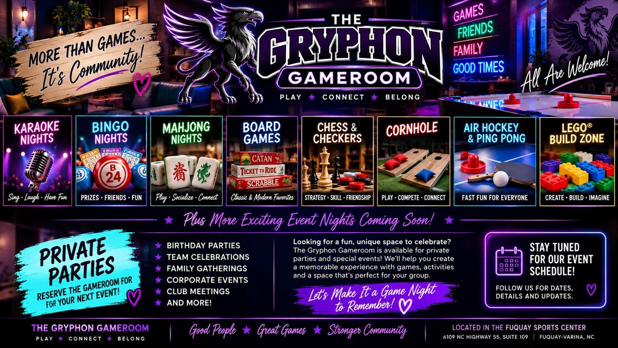 Community game events and private parties at The Gryphon Gameroom.